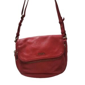 Fossil Preston Red Pebble Leather Flap Crossbody Bag Adjustable Strap Handbag